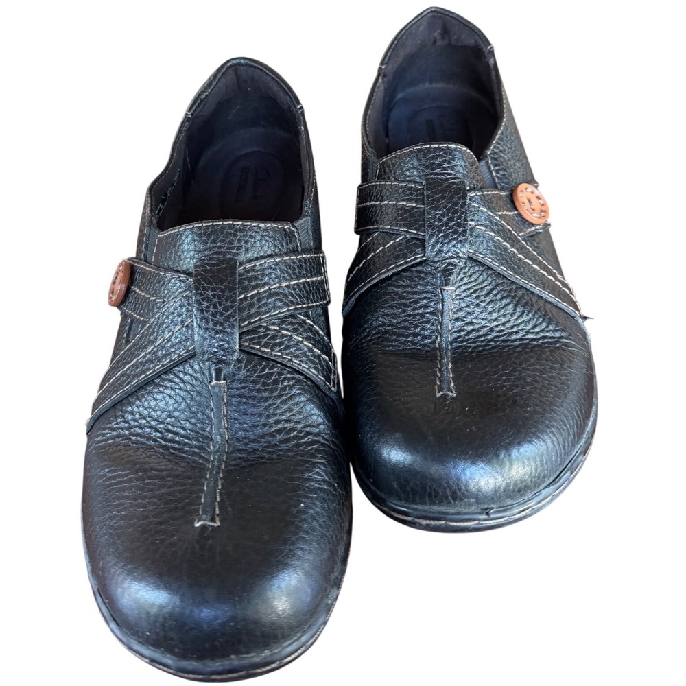 Clarks Collection Black Leather Button Loafers Slip On Shoes Women 10M comfort